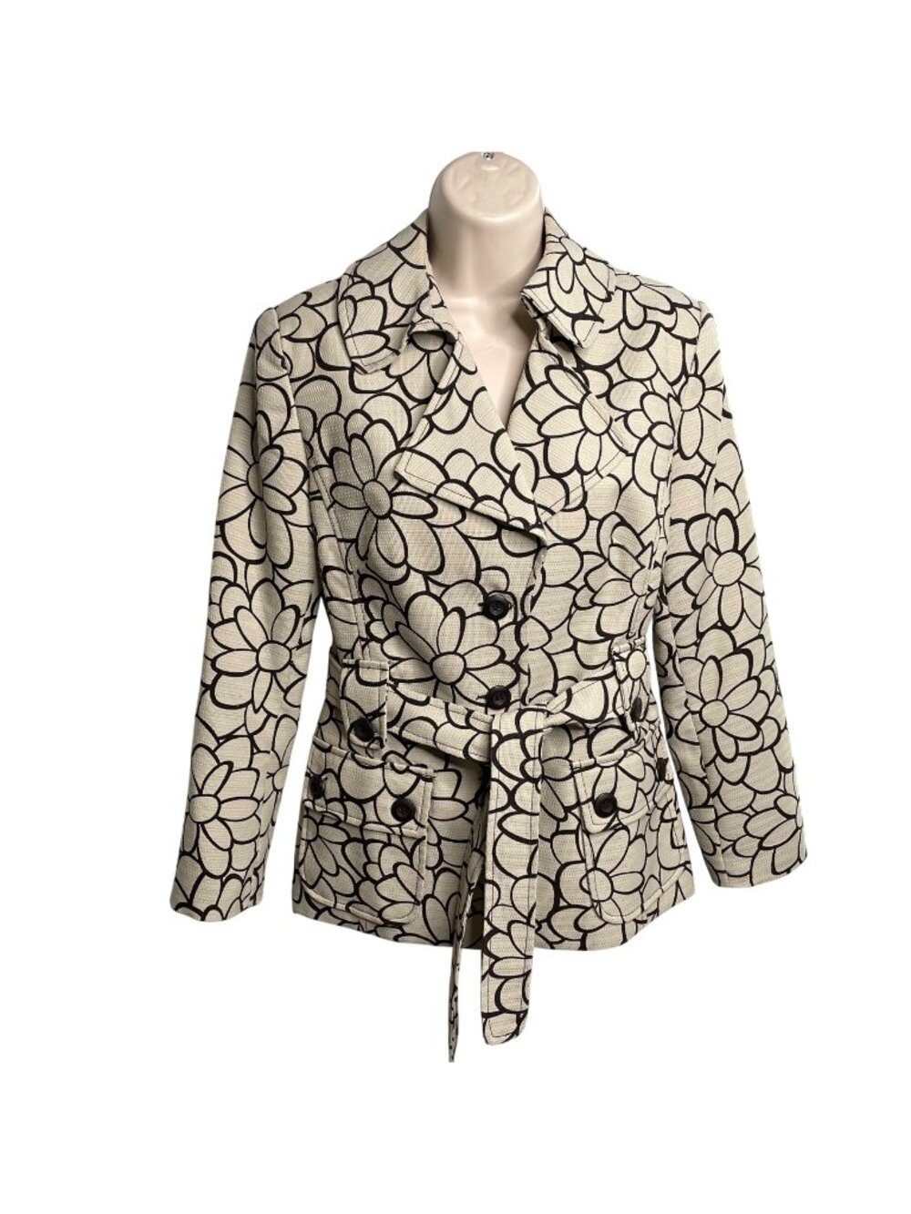 Womens Floral  Belted Jacket Black White Long Sleeve Size M Lined u